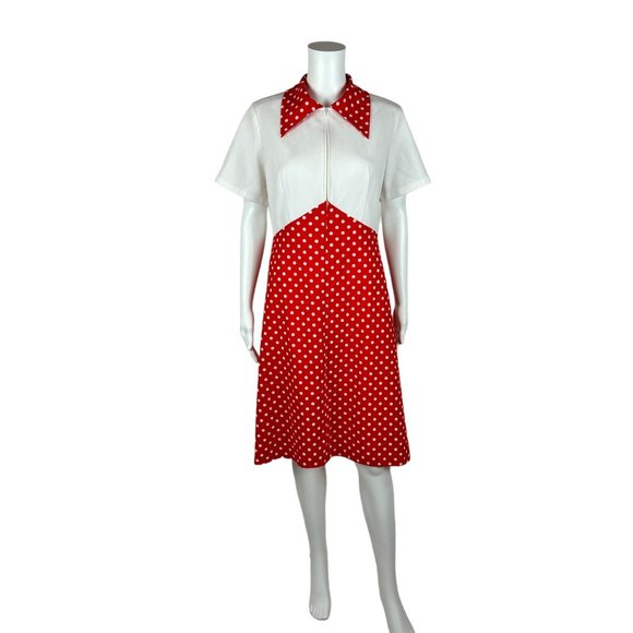 Vintage Dresses & Skirts - Vintage 70s Polka Dot Dress Women's Large Red White Front Zip Up Mini Minnie Bab